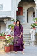 Lorenvalley Wine Roman Silk Floral Print With Beets Handwork Kurta Set