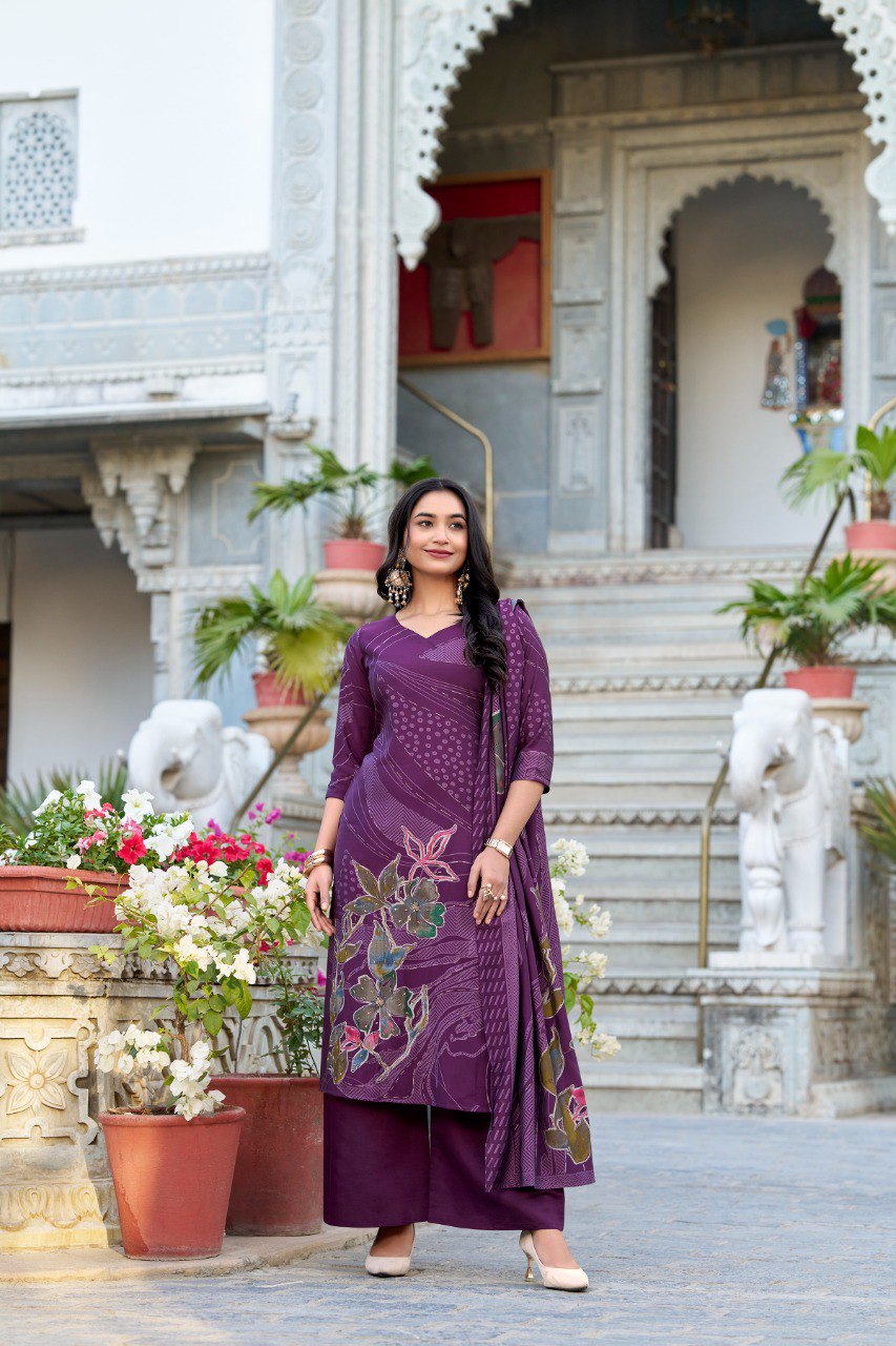 Lorenvalley Wine Roman Silk Floral Print With Beets Handwork Kurta Set