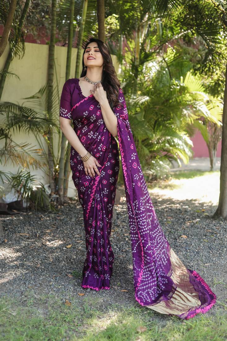 Anaita Wine Woven Design Pure Bandhej Silk Saree With Blouse - Distacart