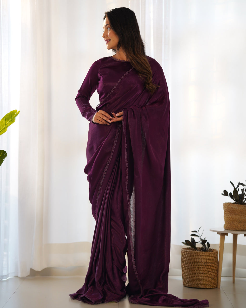 Lorenvalley Ready to wear Premium Quality Marble Velvet Fabric Fancy Boarder Lace Work Predrapped Saree - Purple