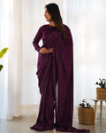 Lorenvalley Ready to wear Premium Quality Marble Velvet Fabric Fancy Boarder Lace Work Predrapped Saree - Purple