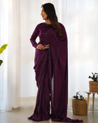 Lorenvalley Ready to wear Premium Quality Marble Velvet Fabric Fancy Boarder Lace Work Predrapped Saree - Purple