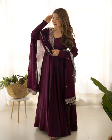 Lorenvalley Mauve Pure Roman Silk Chanderi Fabric Fully Flared Anarkali Pant With Dupatta Set - Wine