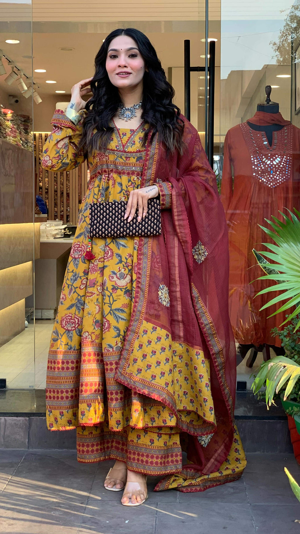 The52 Women's Beautiful Cotton Fabric Printed Work Flared Kurta Palazzo and Dupatta Set - Distacart