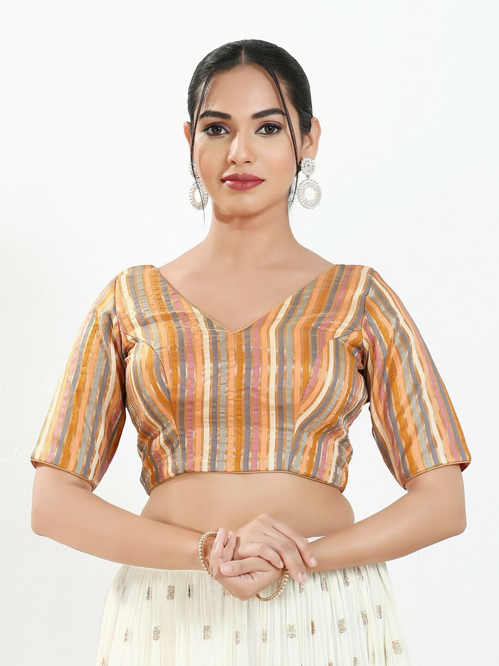 Joban Fashion Peach Multi Brocade Padded Blouse With V Neck Elbow Sleeves - Distacart