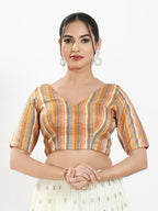 Joban Fashion Peach Multi Brocade Padded Blouse With V Neck Elbow Sleeves - Distacart