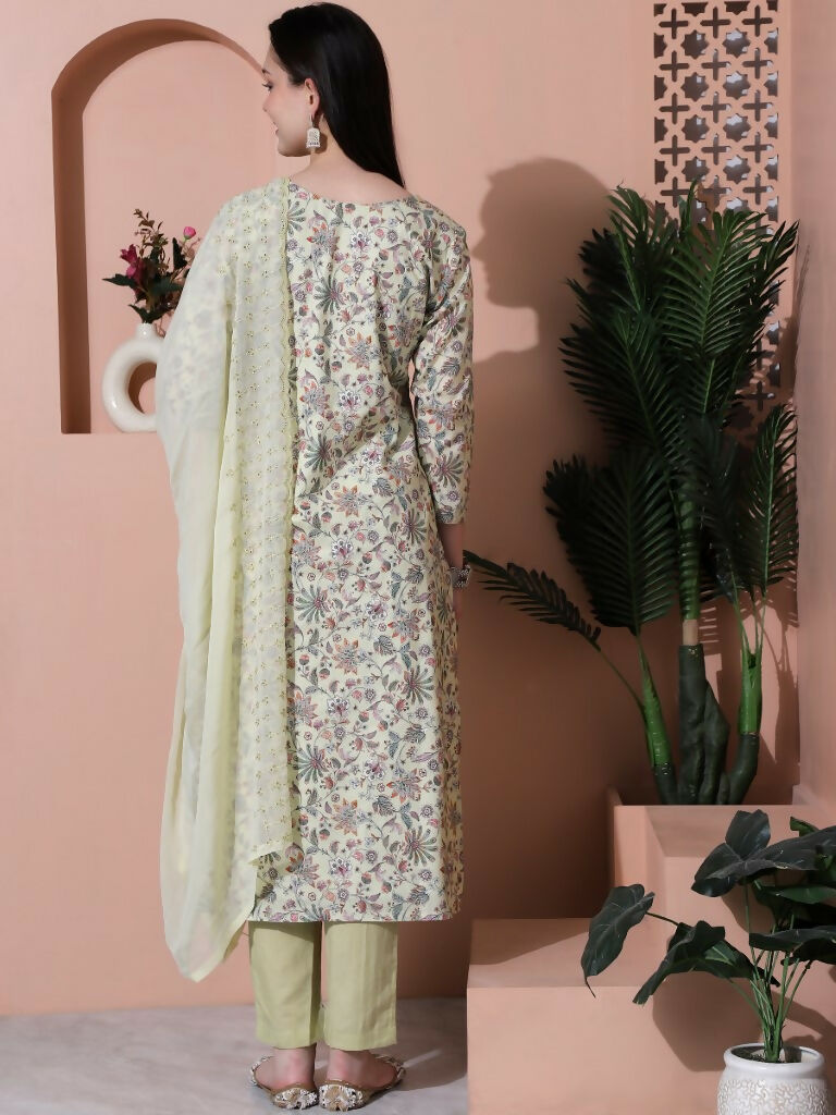Jyoti Fashion Women's Green Cotton Floral Digital Printed Kurta with Trouser & Dupatta
