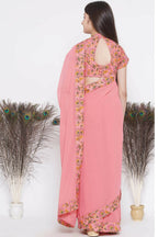 Little Bansi Floral Print Ready To Wear Saree And Floral Blouse - Coral