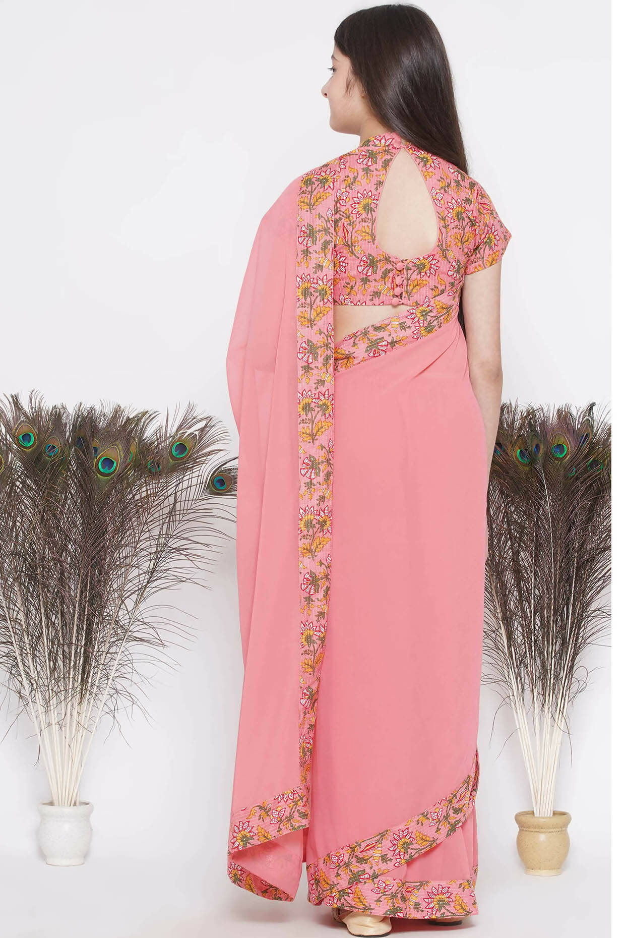 Little Bansi Floral Print Ready To Wear Saree And Floral Blouse - Coral