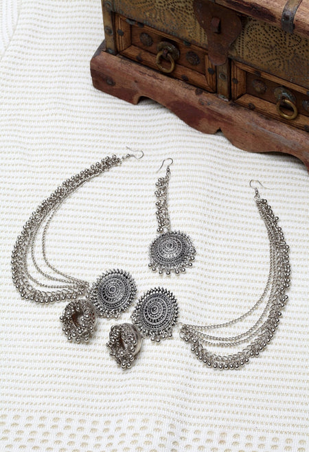 Mominos Fashion Johar Kamal Bahubali Silver Colour Earrings With Tikka