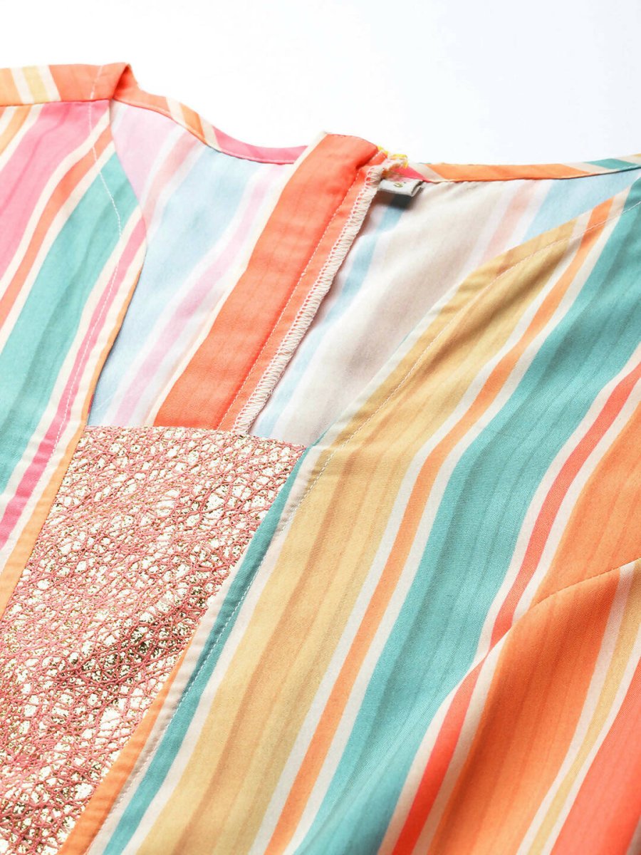 Ahalyaa Coral Orange & Blue Candy Striped Basic Jumpsuit - Distacart