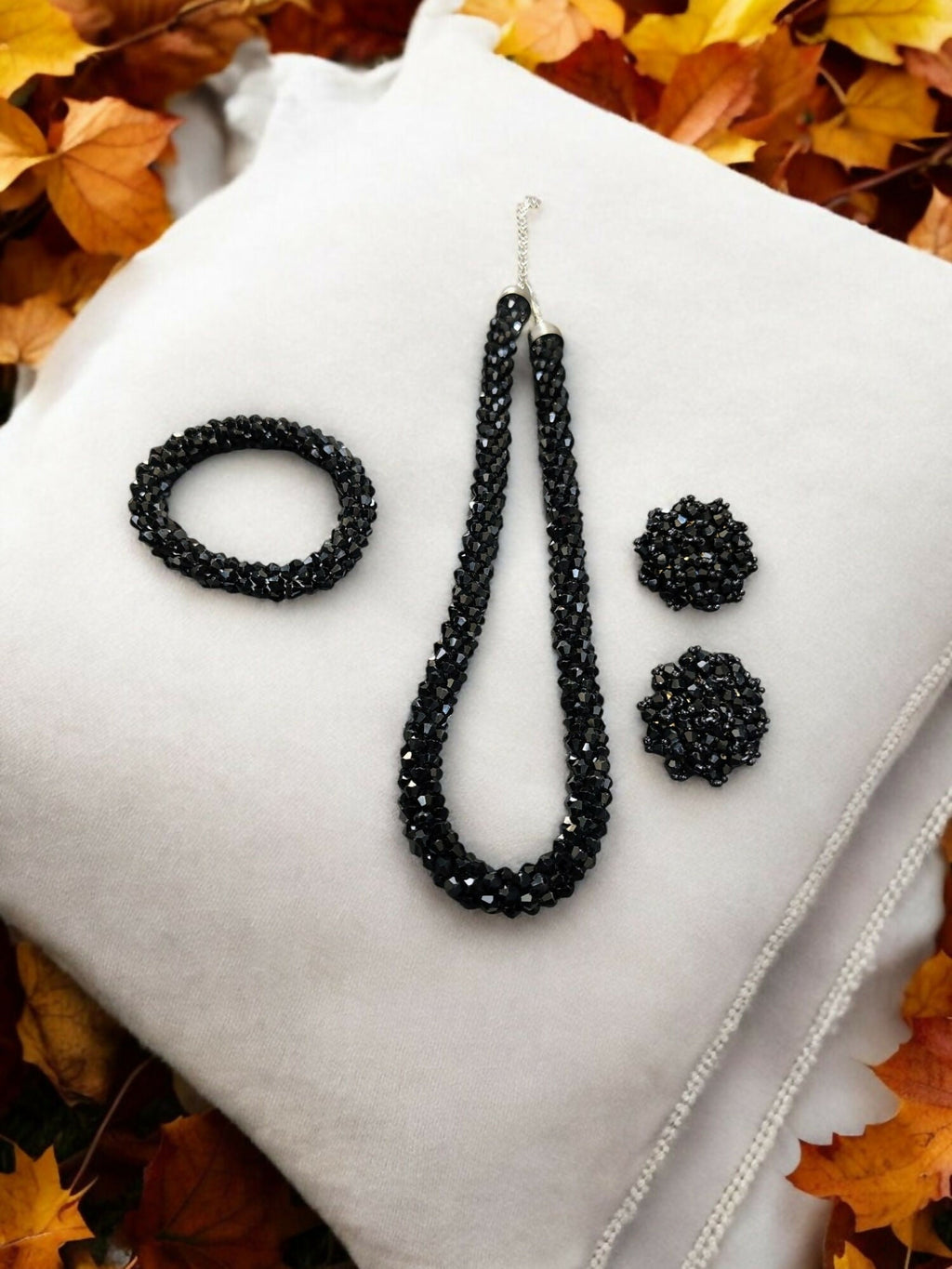 Inhanns Complete Look Crystal Statement 3-Piece Set (Adjustable Necklace + Earrings + Adjustable Bangle ) - Black