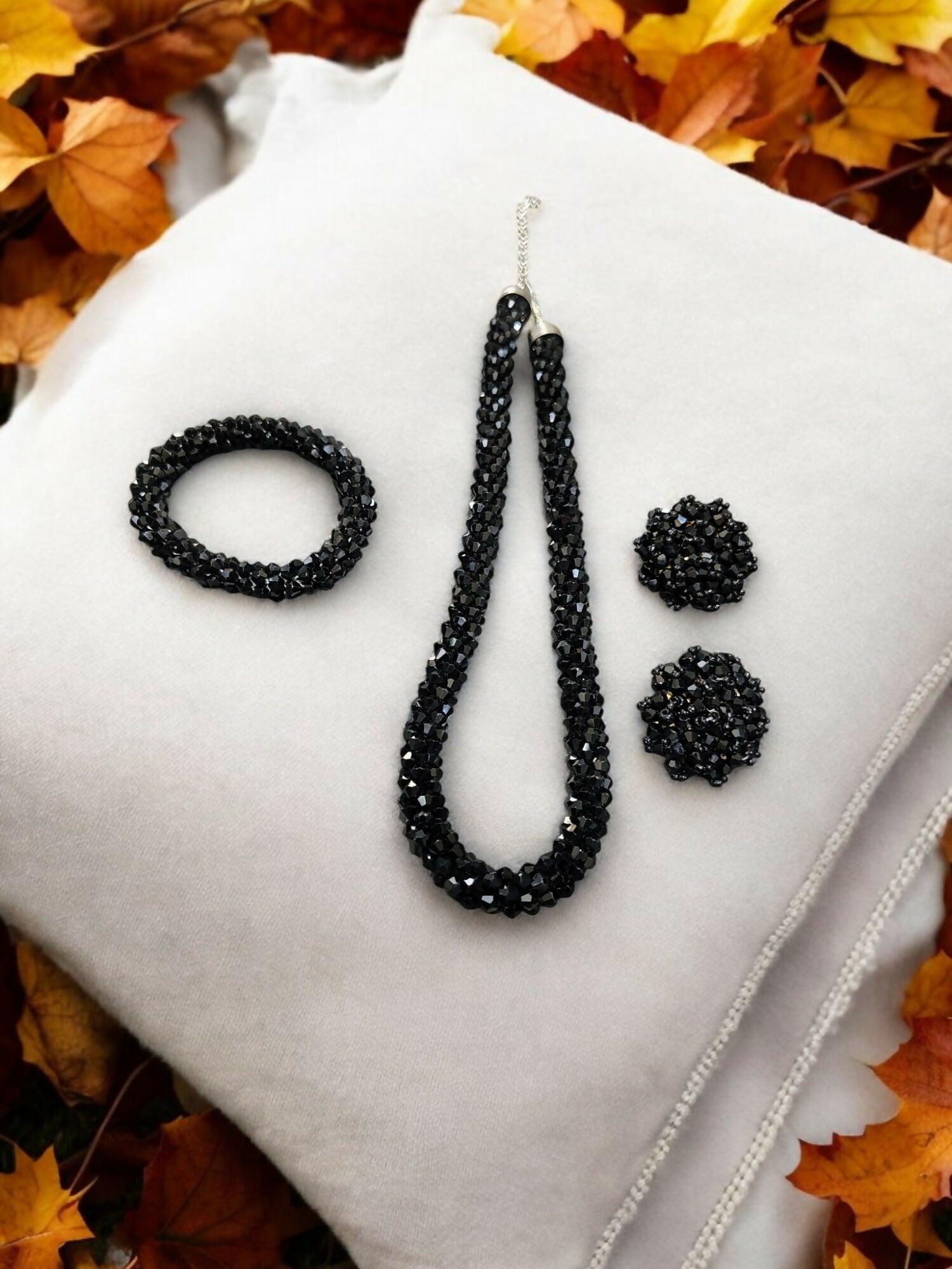Inhanns Complete Look Crystal Statement 3-Piece Set (Adjustable Necklace + Earrings + Adjustable Bangle ) - Black