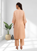 Joban Fashion Coral Linen Embroidered Readymade Long Kurta With Pant - Distacart