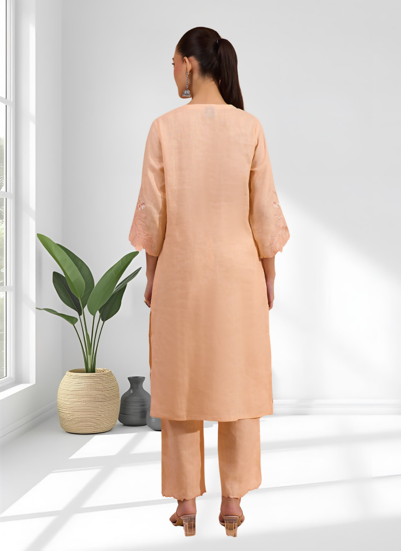 Joban Fashion Coral Linen Embroidered Readymade Long Kurta With Pant - Distacart