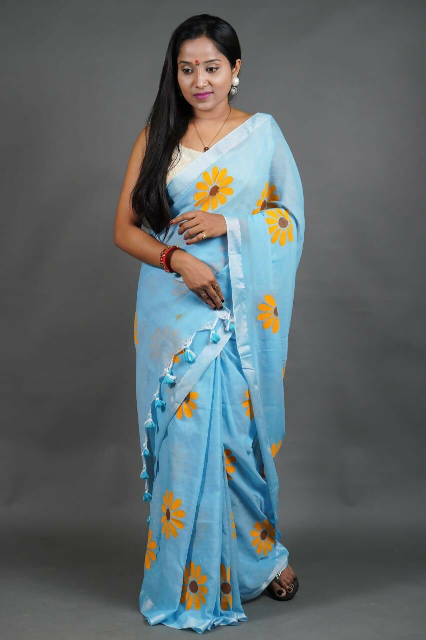 Exclusive Collection Sky Pure Cotton Saree With Sunflower Design - Distacart