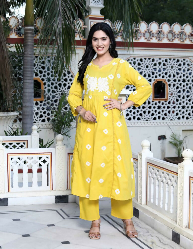 Miravan Women's Cotton Embroidered & Lace Embellished Yellow Bandhani Printed Kurta Palazzo Set