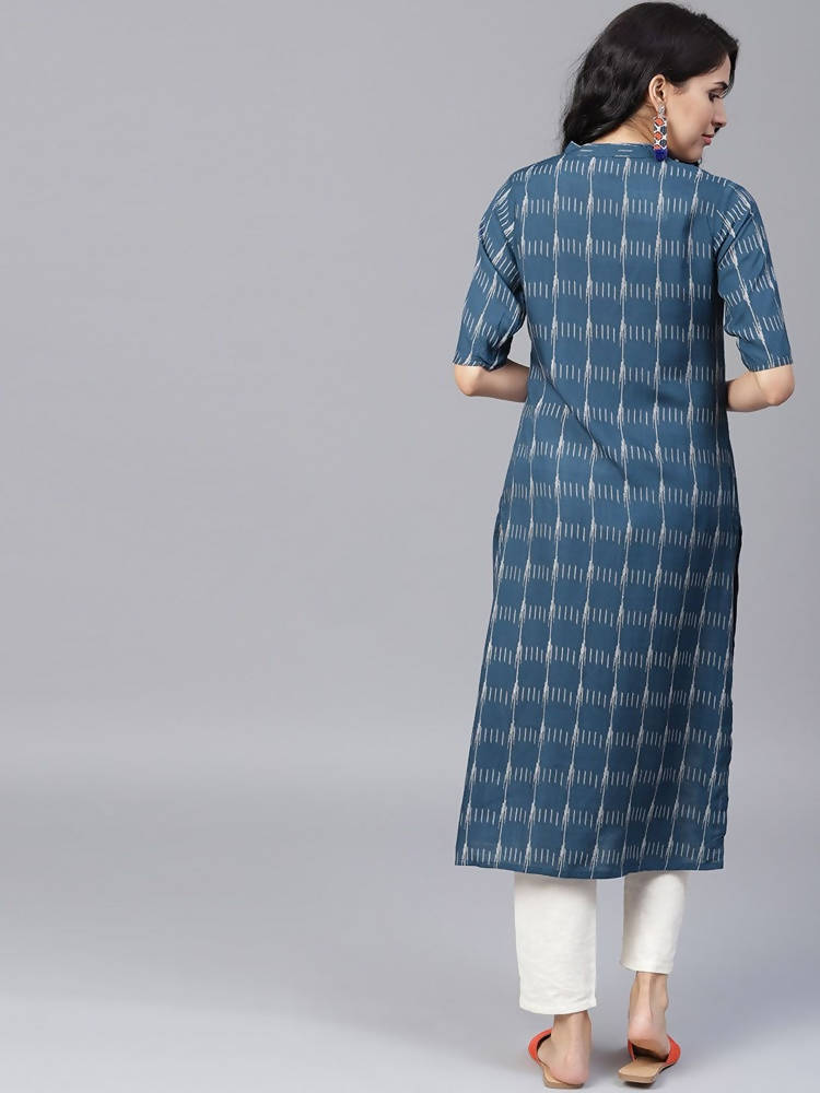 Yufta Women Navy Blue & Off-White Printed Straight Kurta