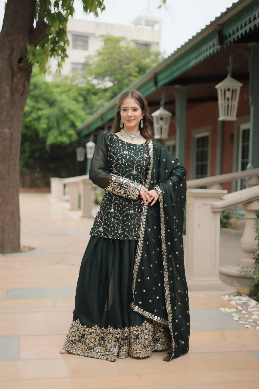 Vastranavya Premium Designer Heavy Sequins & Thread Embroidered work Kurti Palazzo & Dupatta - Mehendi