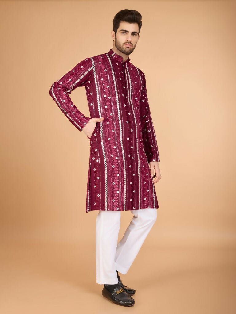 Vastranavya Maroon Exclusive Festival Wear Pure Viscose Rayon Sequence & Foil Mirror Heavy Embroidered Work Kurta