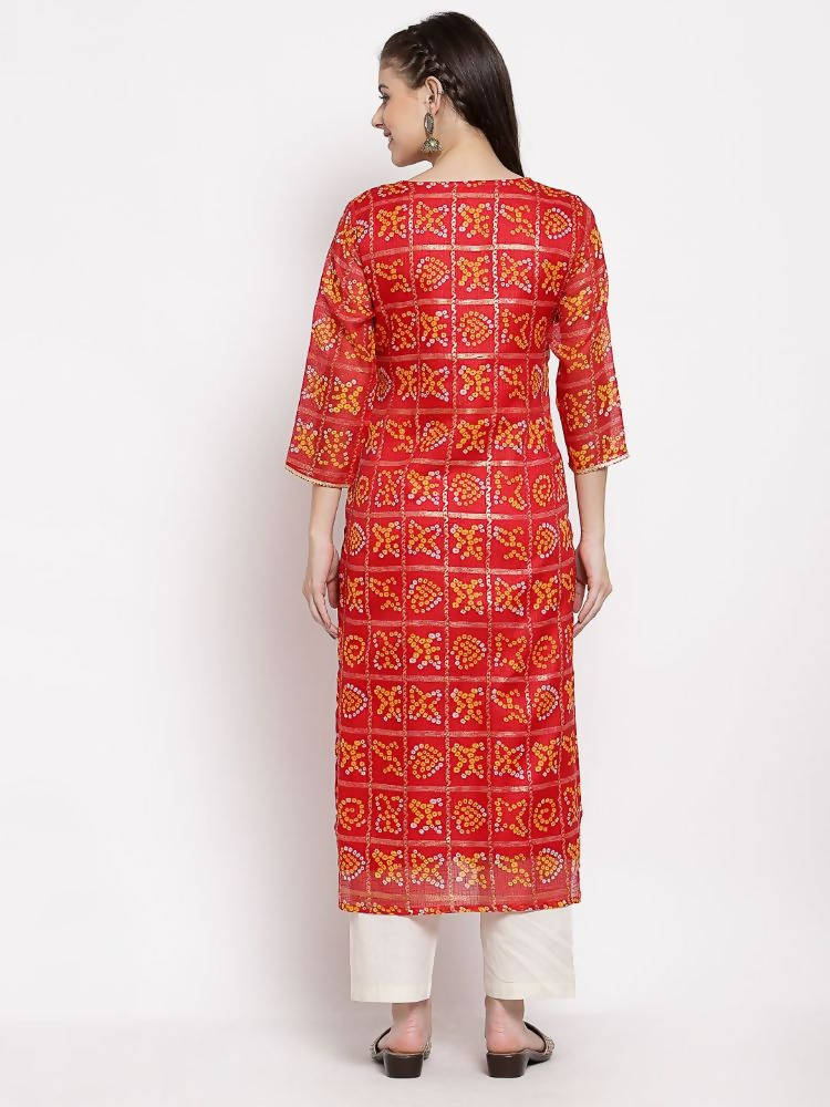 Myshka Women's Red Cotton Printed 3/4 Sleeve Square Neck Casual Kurta