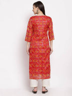 Myshka Women's Red Cotton Printed 3/4 Sleeve Square Neck Casual Kurta