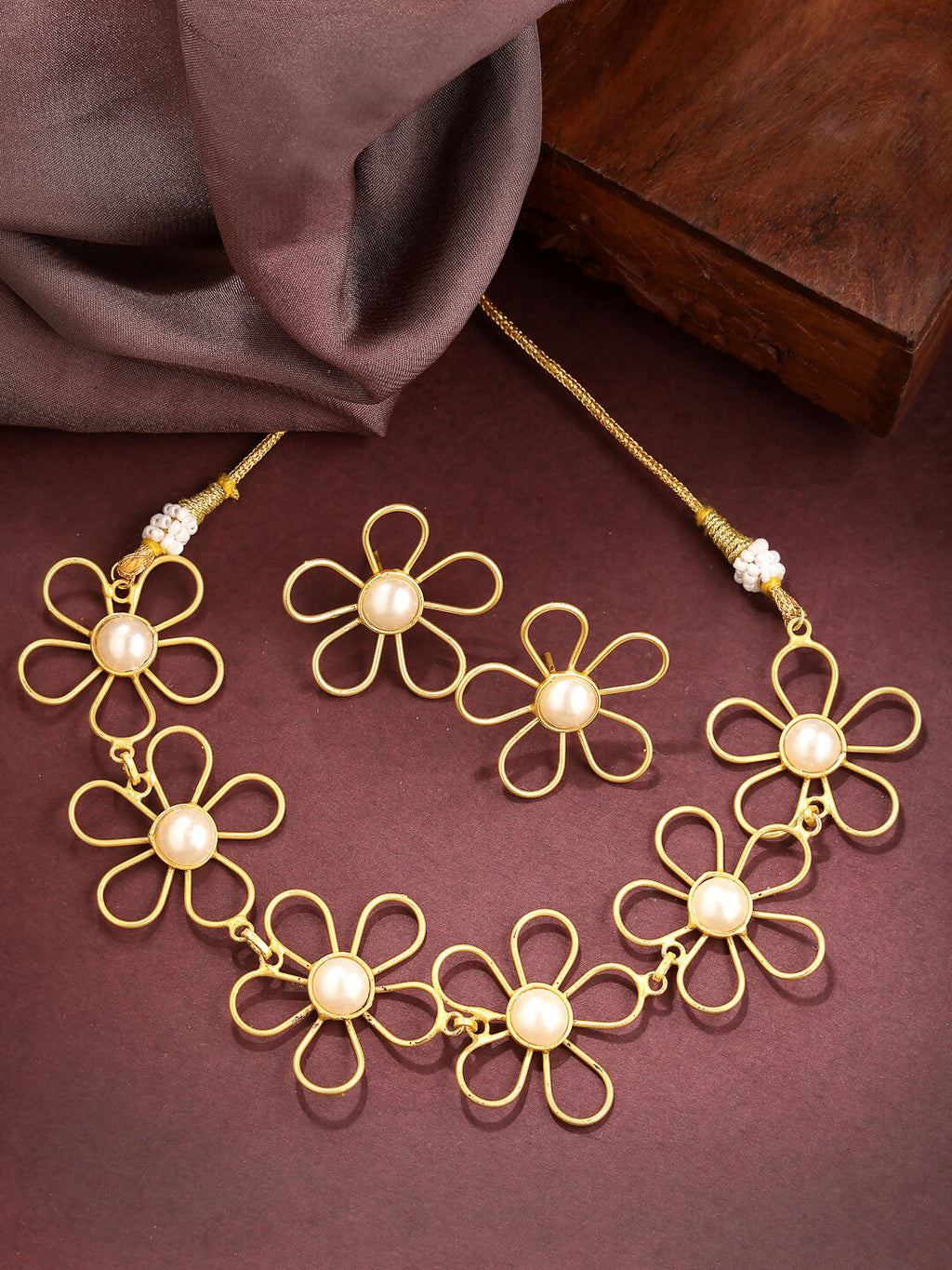 NVR Women's Gold Floral Shape Beaded Handcrafted Jewellery Set