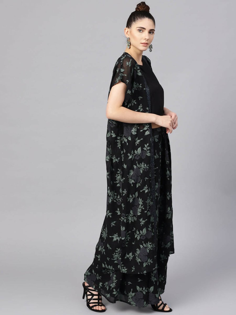Ahalyaa Black Georgette Crepe Printed Top Palazzo Set With Jacket - Distacart