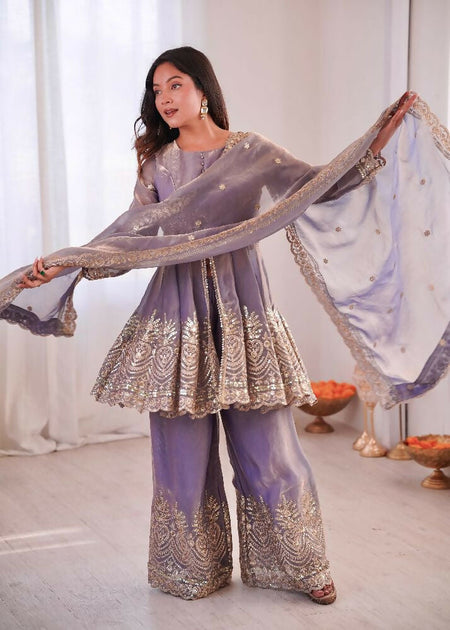 Teeya Creation Lavender Color Fendy Satin Silk Embroidery Work Party Wear Salwar Suit