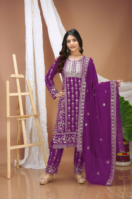 Teeya Creation Wine Faux Georgette Embroidery Work Wedding Wear Salwar Suit