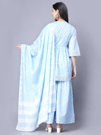 Myshka Cotton Printed 3/4 Sleeve V Neck Turquoise Blue Women Sharara Set - Distacart