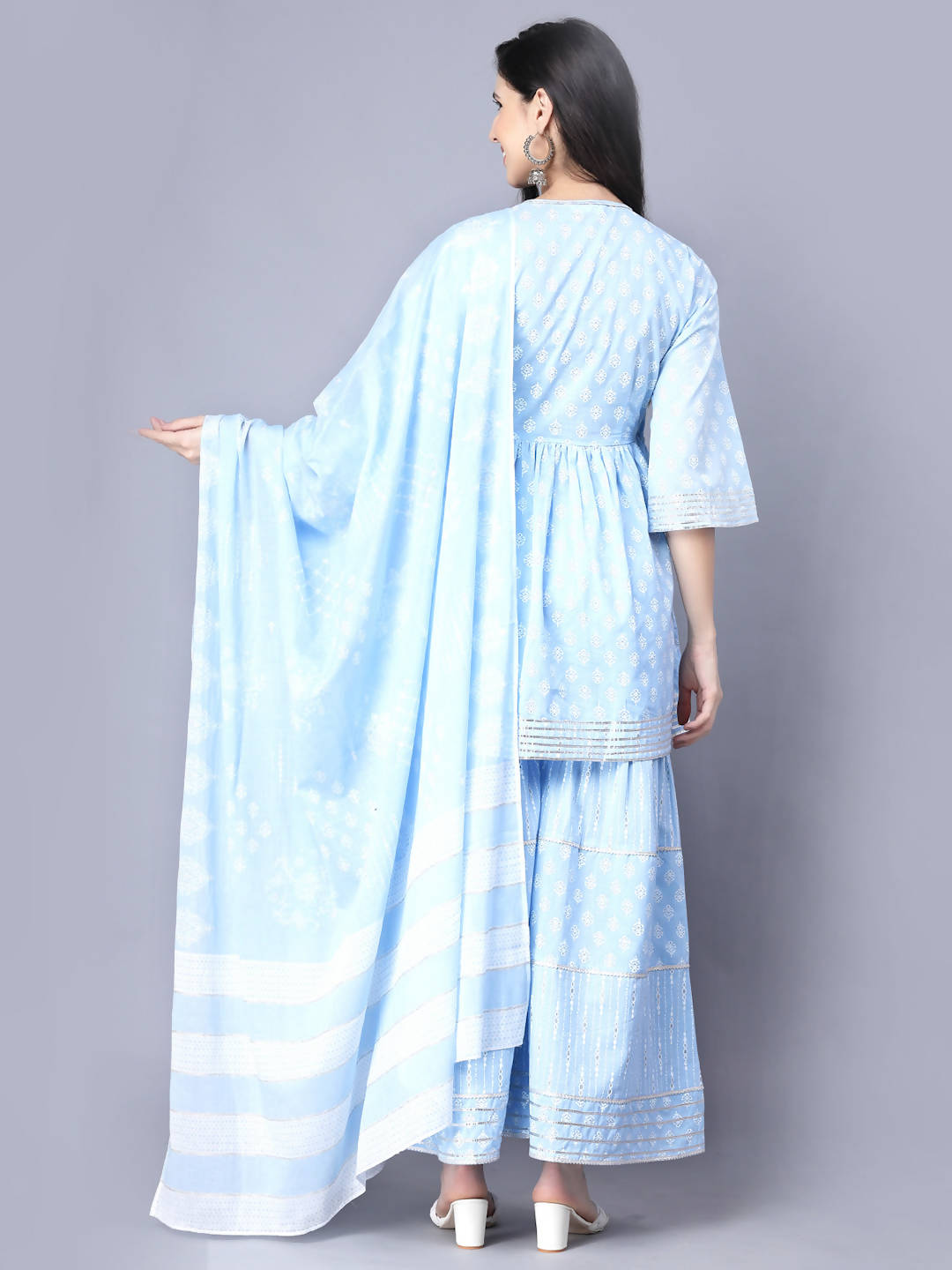 Myshka Cotton Printed 3/4 Sleeve V Neck Turquoise Blue Women Sharara Set - Distacart