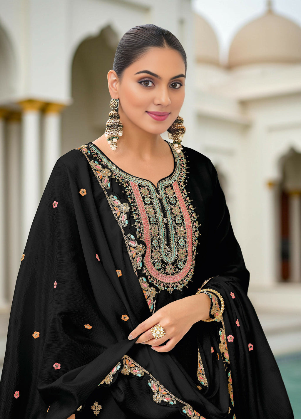 Ethnic Festive Wear Black Primium Chinon Fabric Stitched Suit With Dupatta - Zeeya