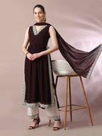Myshka Women's Coffee Brown Solid Georgette Anarkali Party Kurta Set With Dupatta