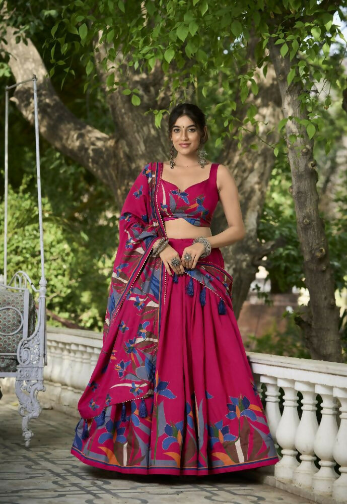 Vastranavya Polyester Viscose Chanderi Lehenga Choli With Intricate Print And Dupatta - Pink