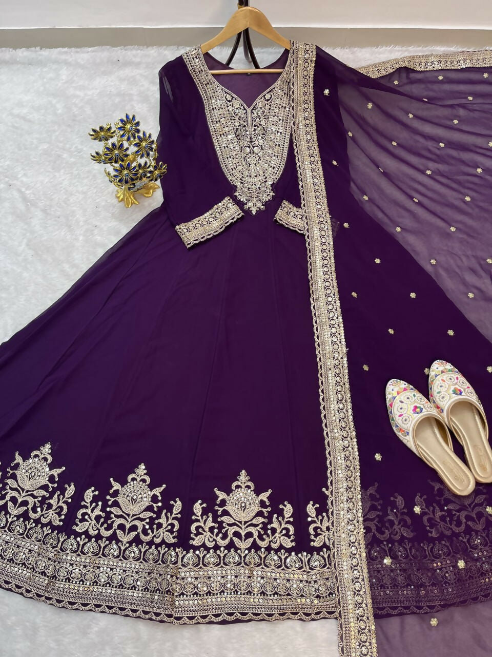 Teeya Creation Wine Color Faux Georgette Embroidery Work Long Party Wear Gown - Distacart