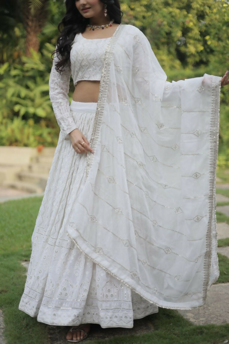 Vastranavya Faux Georgette With Sequins & Thread Embroidered Work Lehenga Choli - White