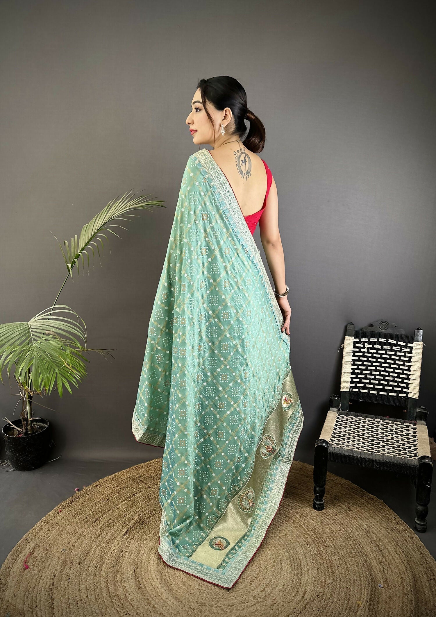 Joban Fashion Sea Green Bandhej Bandhani Vichitra Silk Bandhani Prints Saree - Distacart