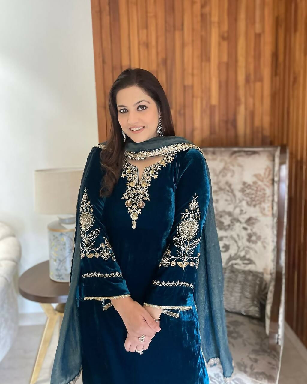 Vastranavya Teal Velvet Cording Sequence Embroidery Work Suit With Dupatta - Distacart