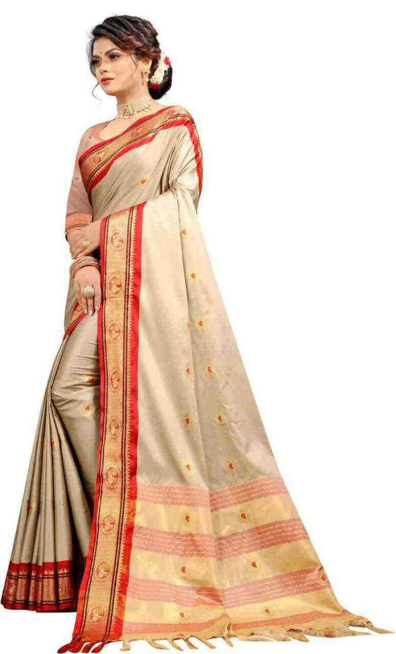DEIANA'S Beautiful Designer Golden zari Soft Lichi Silk Saree - Cream