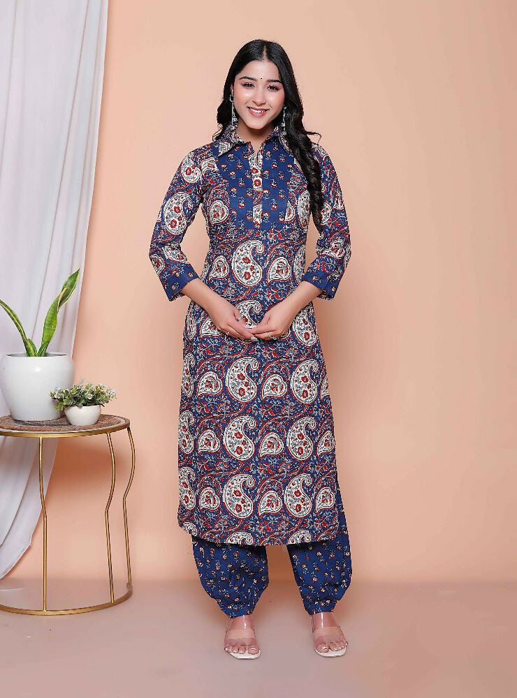Miravan Womens Cotton Floral Printed Shirt-Collar Straight Kurta And Palazzo Set - Distacart