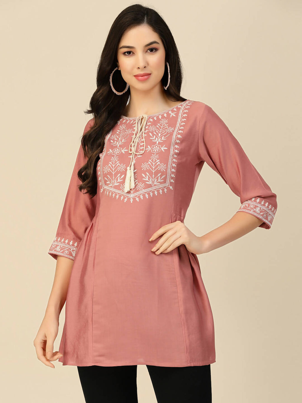 Peach Chinon Slub Floral Embroidered Top - Zeny