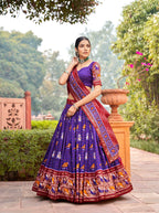 Vastranavya Patola Printed and Foil Work Tussar Silk Lehenga with Unstitched Blouse - Purple