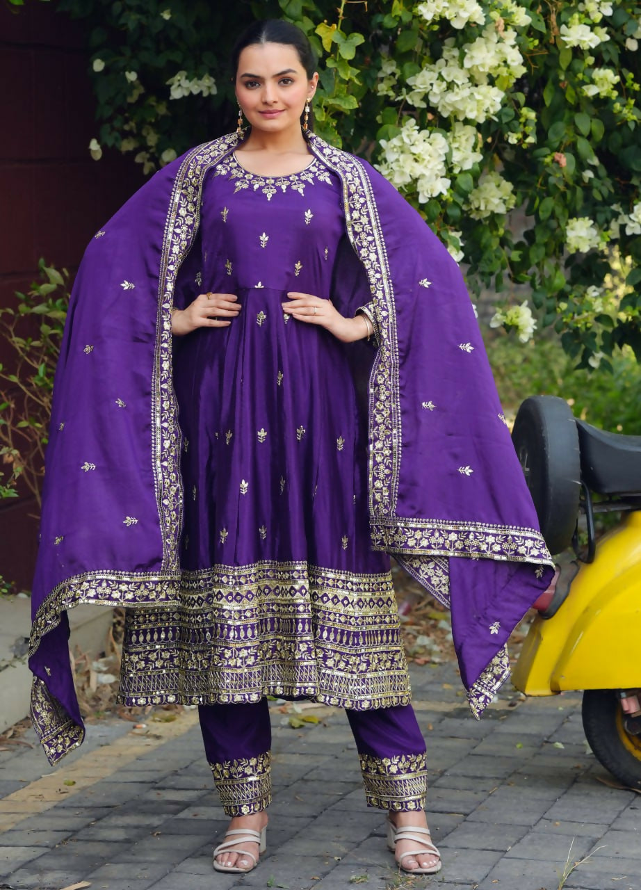 Teeya Creation Purple Color Chinon Silk Embroidery Work Long Gown