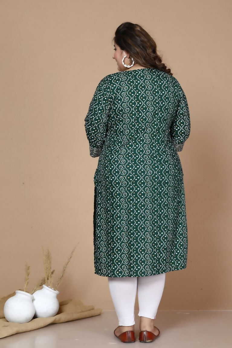 Miravan Women's Plus Size Rayon Bandhani Print Straight Kurta Green