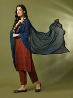 Myshka Women's Rust Printed Cotton Straight Party Kurta Set With Dupatta