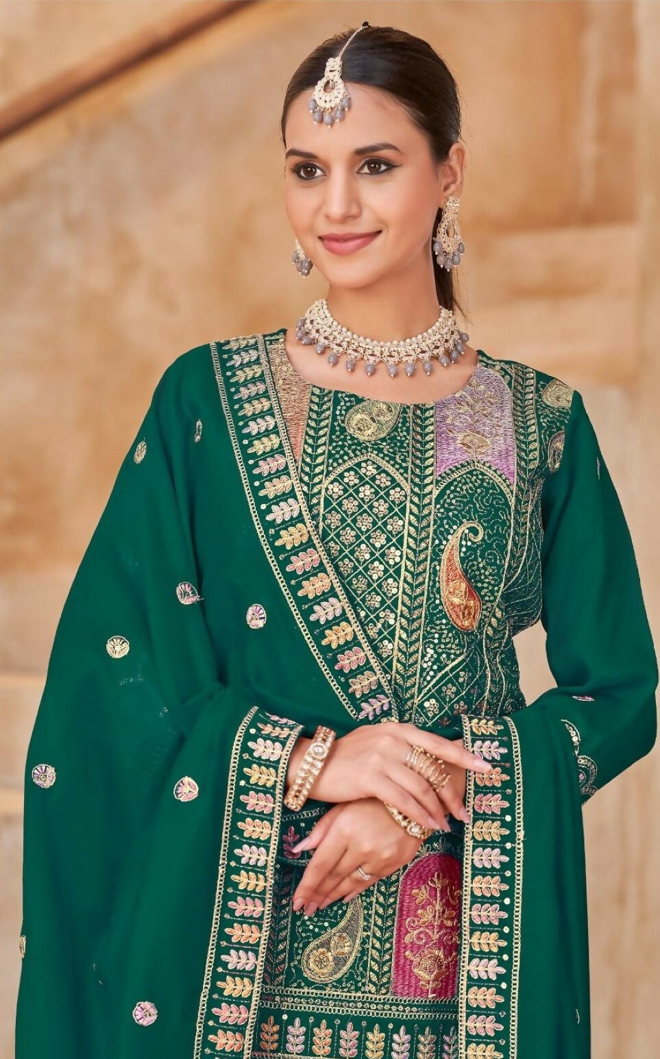 Anaita Green Vichitra Silk Readymade Suit with Embroidery & Lace Work - Distacart