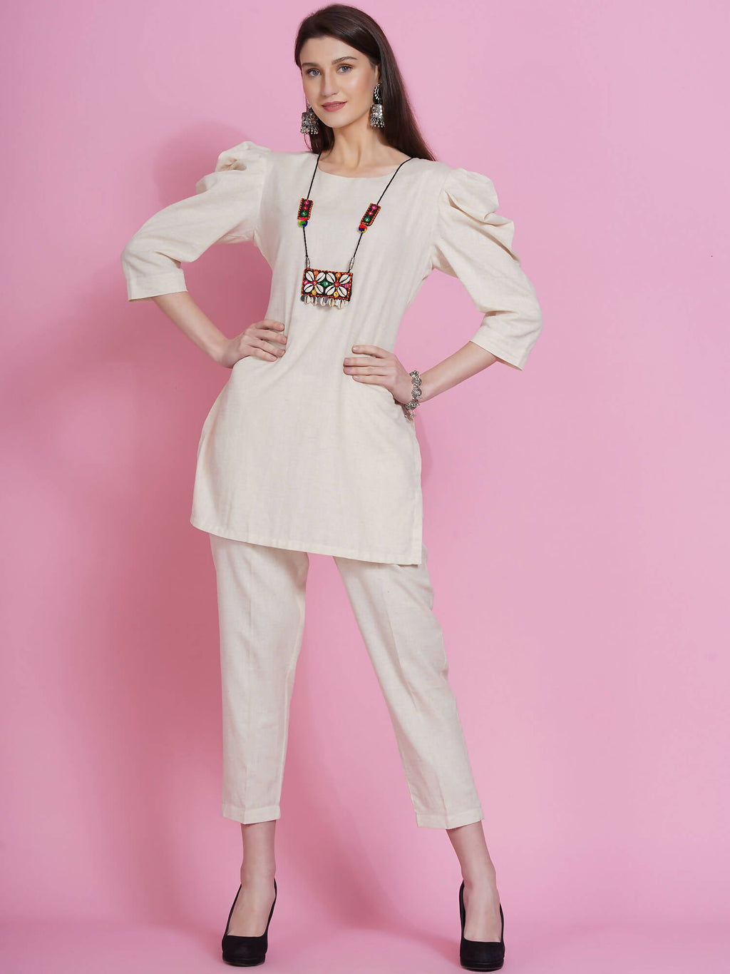 Women Republic Off White Cotton Flex Kurta With Attached Necklace And Pants - Distacart