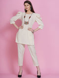 Women Republic Off White Cotton Flex Kurta With Attached Necklace And Pants - Distacart