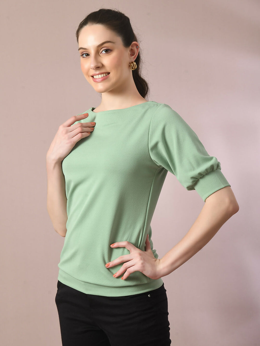 Myshka Women's Sea Green Solid Boat Neck Party Top